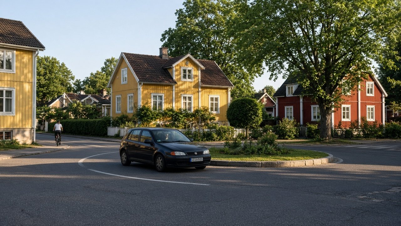 Övningskörning i en solig rondell i svenskt villaområde
